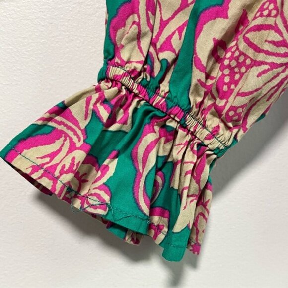 Flying Tomato Floral Boho Peasant Blouse Green Pink Cotton Size L - Picture 4 of 10